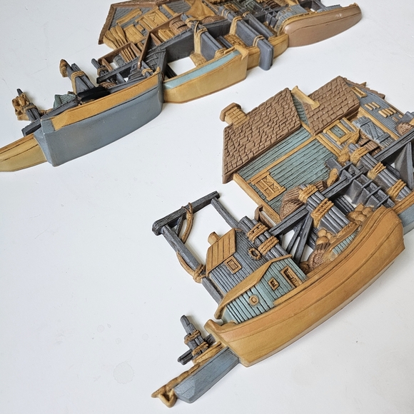 Pair of 1970's Burwood 3D Wall Hanging Seaside Vtg Set Fishing Wharf Boat Dock - Picture 11 of 16